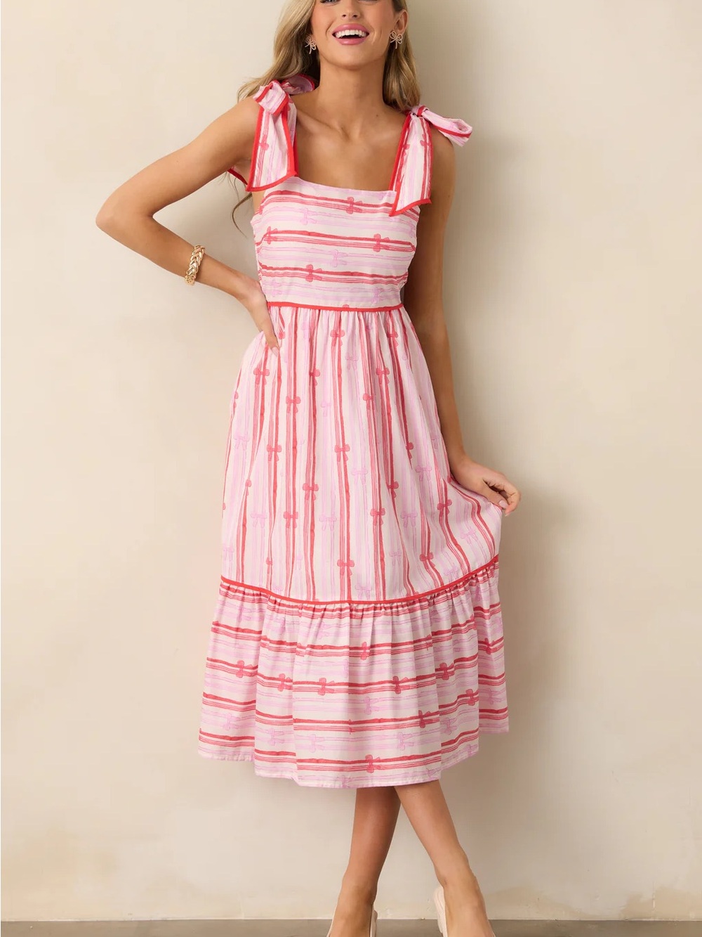 🎀 Entro Through The Fields Pink Multi Stripe Cotton Midi Dress